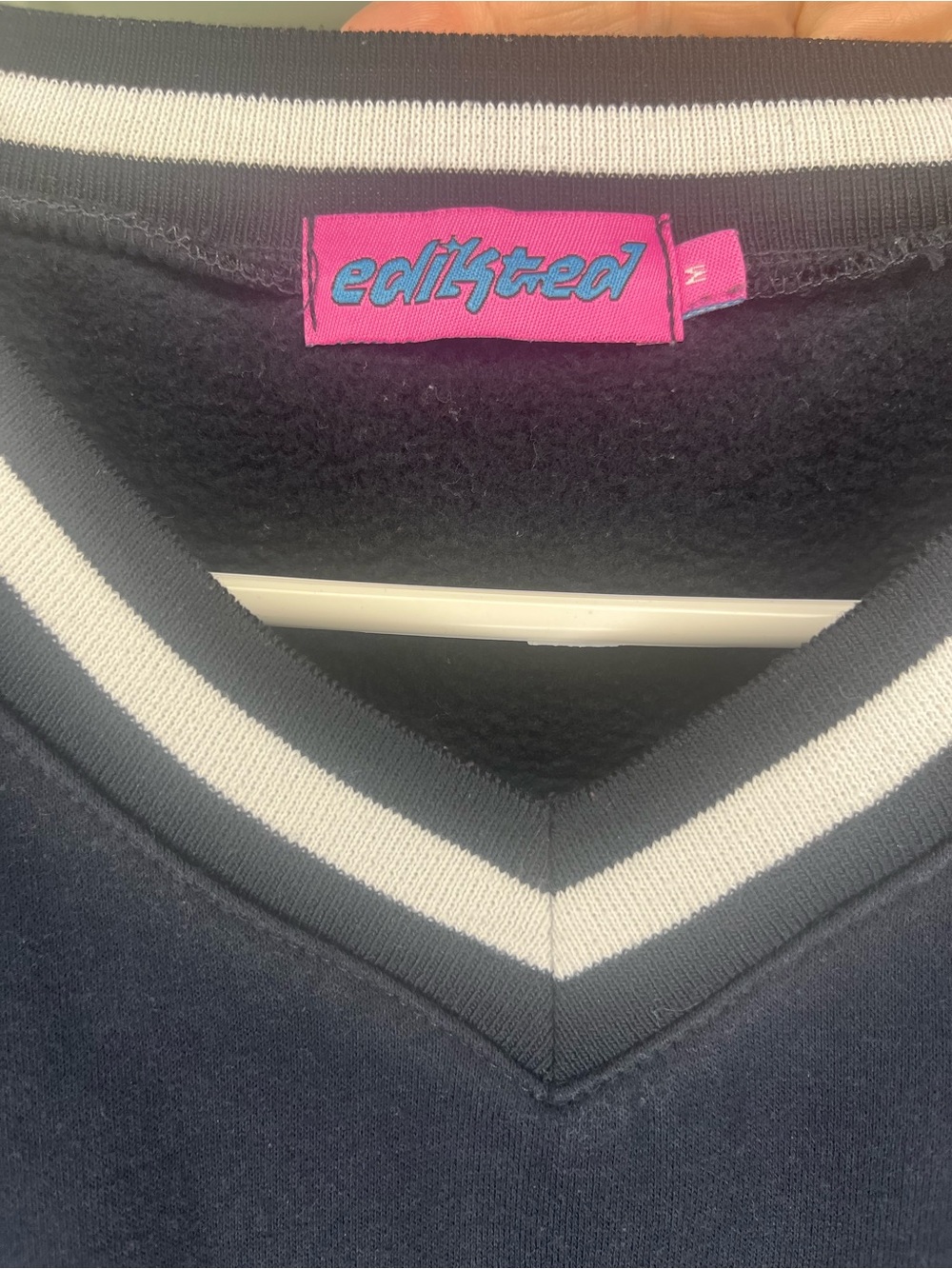 EDIKTED Navy V-Neck Pullover with White Stripe Trim - Picture 4 of 4